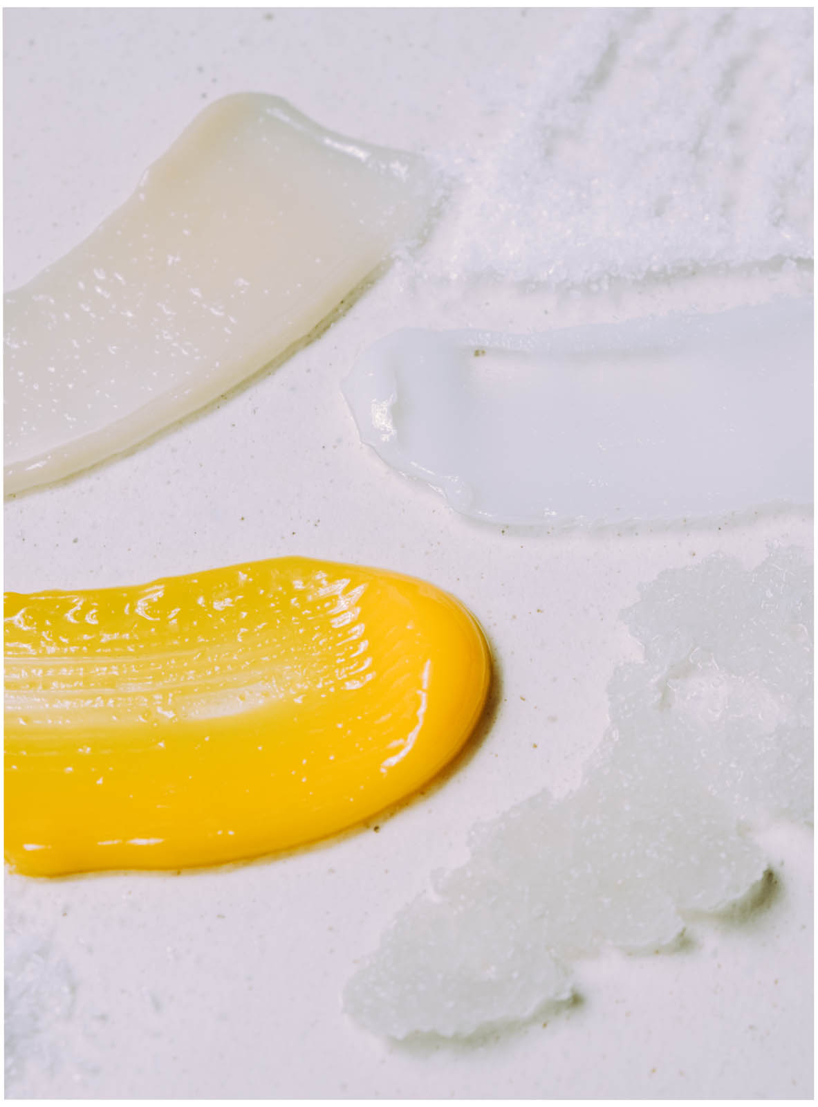 Swatches of gel, balm and salt scrub